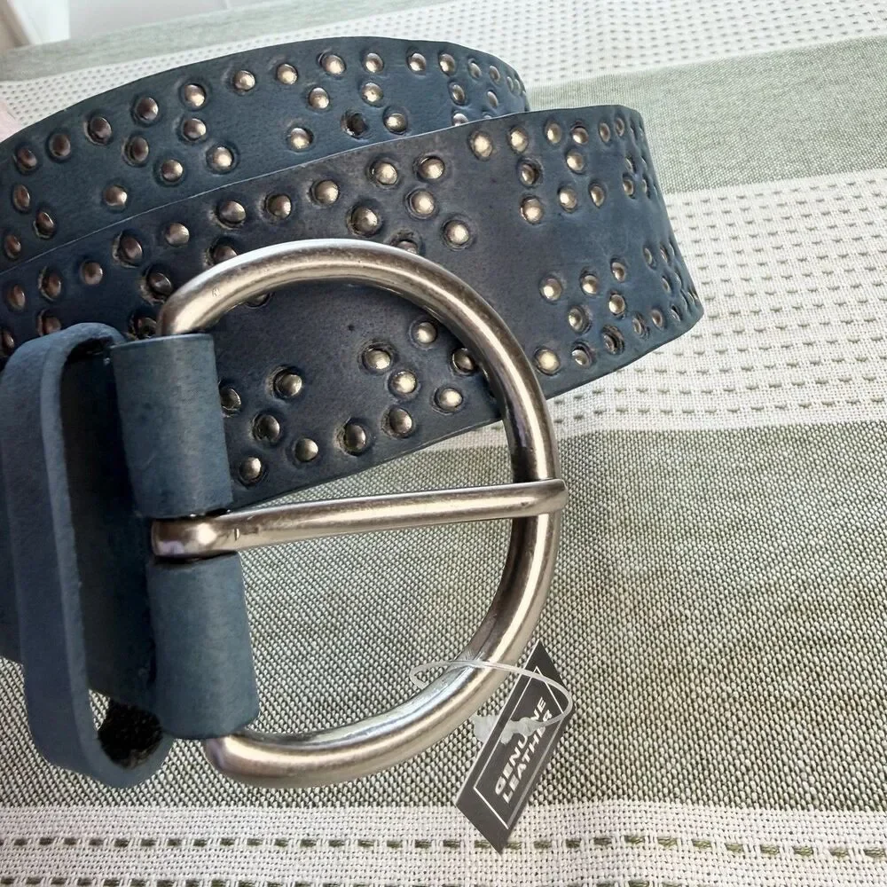 Blue Leather Belt Silver Buckle & Studs Women's S NEW